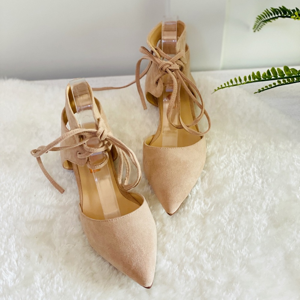 Suede Pointed Toe Lace-up Strappy Slingback Flats - Picture 2 of 7
